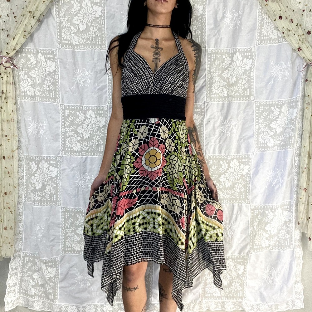 Y2K 100% Silk Mosaic Print Halter Dress Handkerchief Hem Boho Empire Waist M
